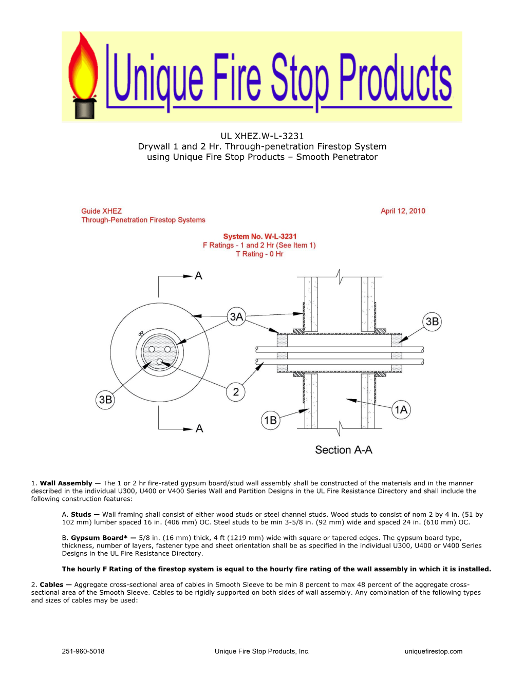 UL XHEZ.W-L-3231 Drywall 1 and 2 Hr. Through-Penetration Firestop System Using Unique Fire Stop Products – Smooth Penetrator