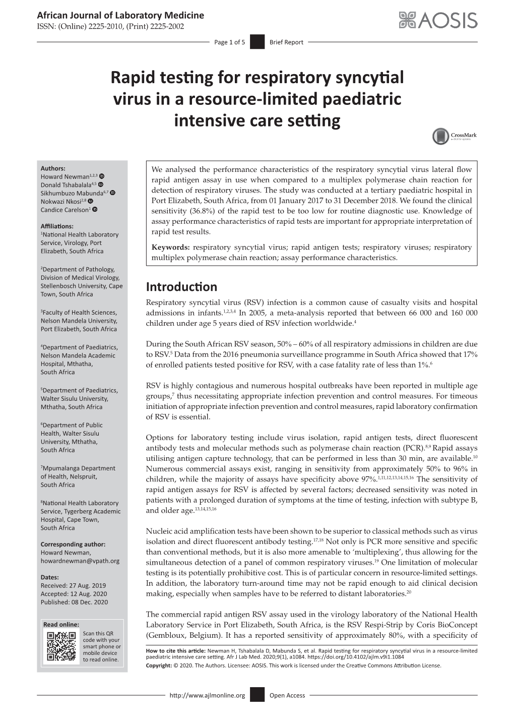 Rapid Testing for Respiratory Syncytial Virus in a Resource-Limited Paediatric Intensive Care Setting