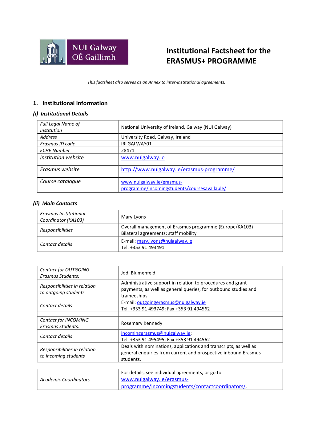 Institutional Factsheet for the ERASMUS+ PROGRAMME