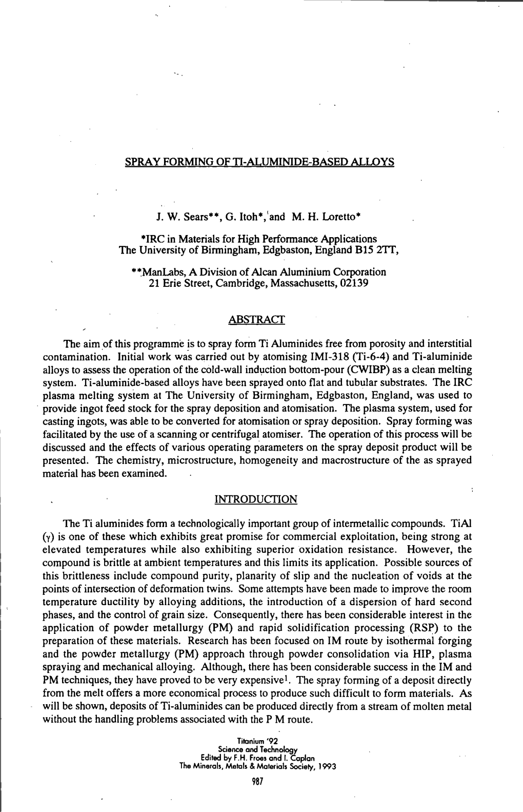 SPRAY FORMING of Tl-ALUMINIDE-BASED ALLOYS