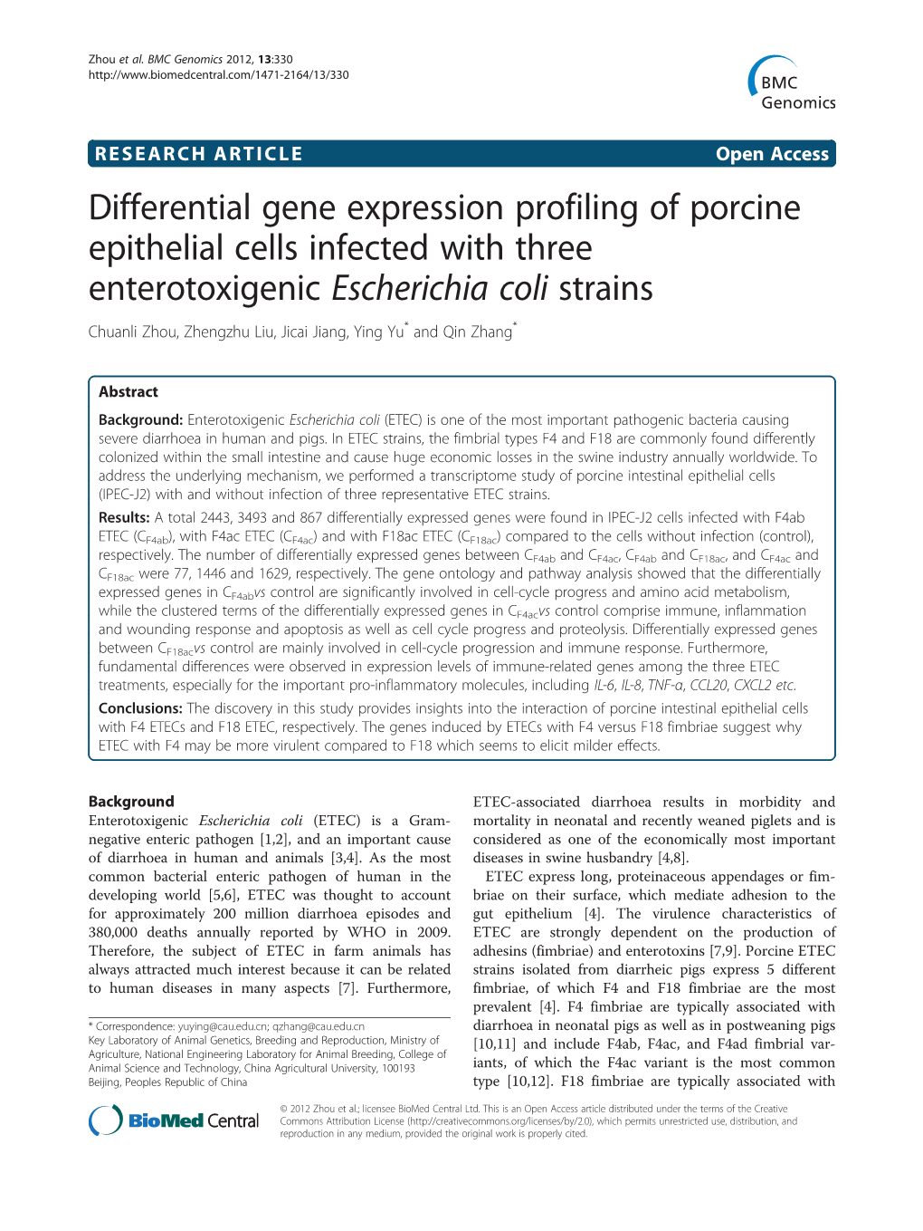 Differential Gene Expression Profiling of Porcine Epithelial Cells Infected
