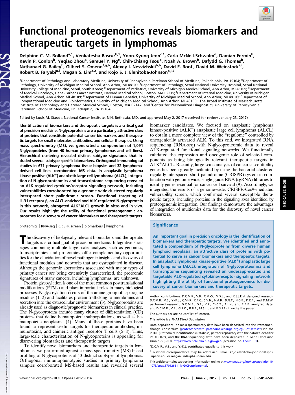 Functional Proteogenomics Reveals Biomarkers and Therapeutic Targets in Lymphomas