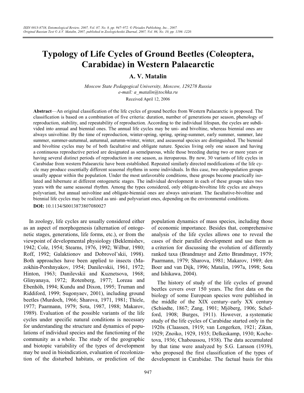 Typology of Life Cycles of Ground Beetles (Coleoptera, Carabidae) in Western Palaearctic A