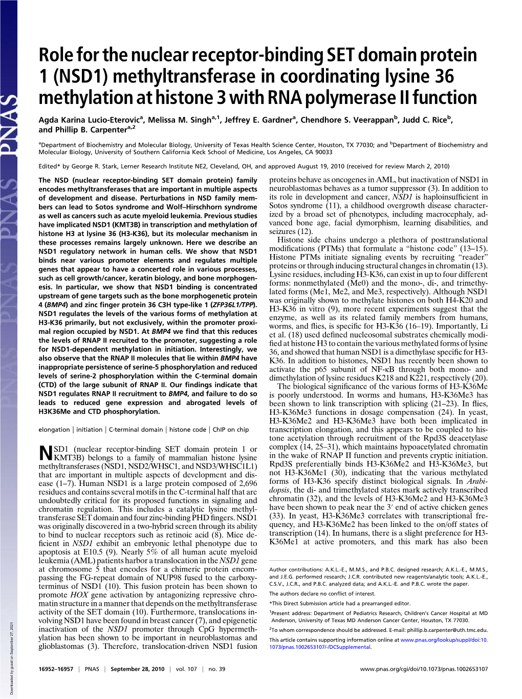 NSD1) Methyltransferase in Coordinating Lysine 36 Methylation at Histone 3 with RNA Polymerase II Function