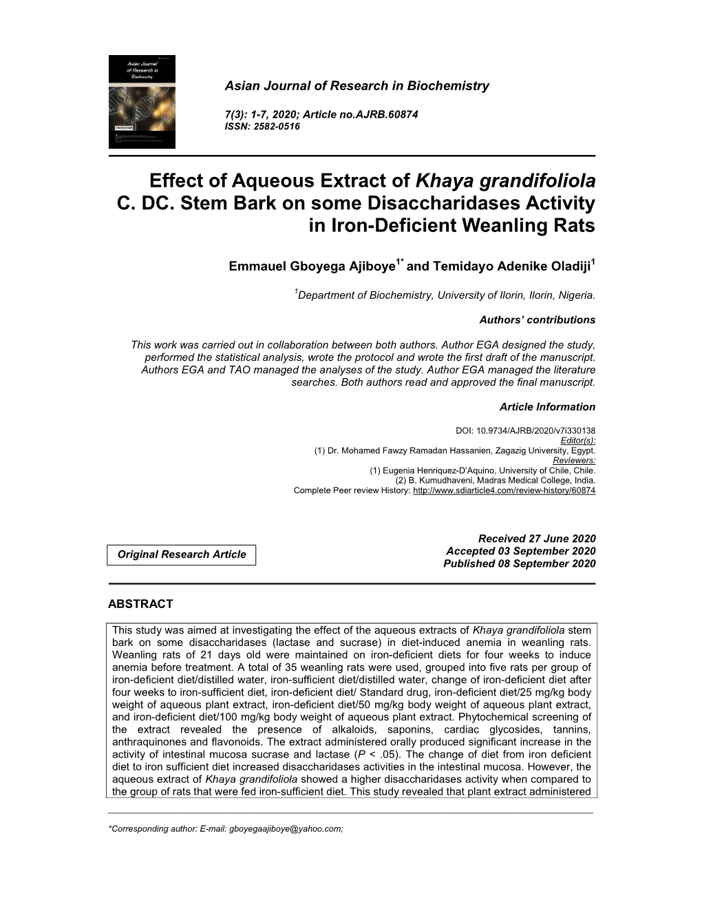 Effect of Aqueous Extract of Khaya Grandifoliola C. DC. Stem Bark on Some Disaccharidases Activity in Iron-Deficient Weanling Rats
