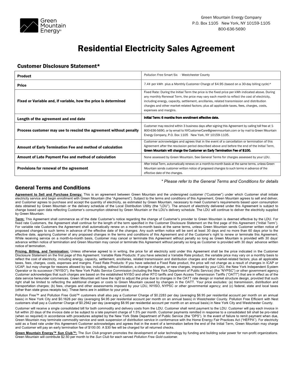 Residential Electricity Sales Agreement