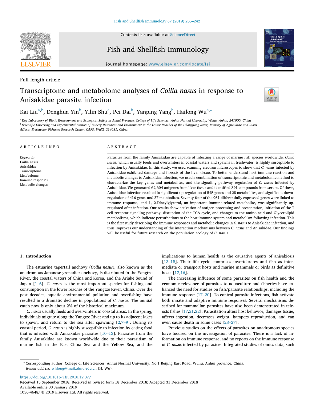 Transcriptome and Metabolome Analyses of Coilia Nasus in Response to Anisakidae Parasite Infection T