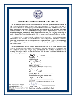 2020 State Canvassing Board Certificate