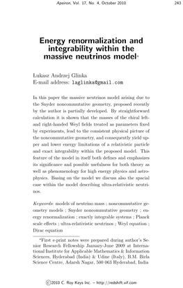 Energy Renormalization and Integrability Within the Massive Neutrinos Modela