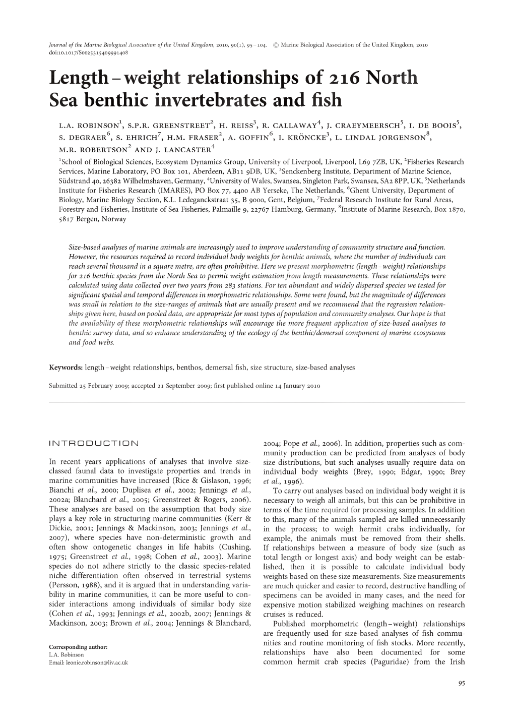 Length–Weight Relationships of 216 North Sea Benthic Invertebrates