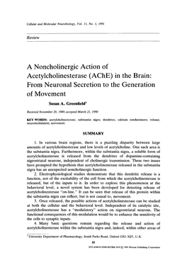 A Noncholinergic Action of Acetylcholinesterase (ACHE) in the Brain: from Neuronal Secretion to the Generation of Movement