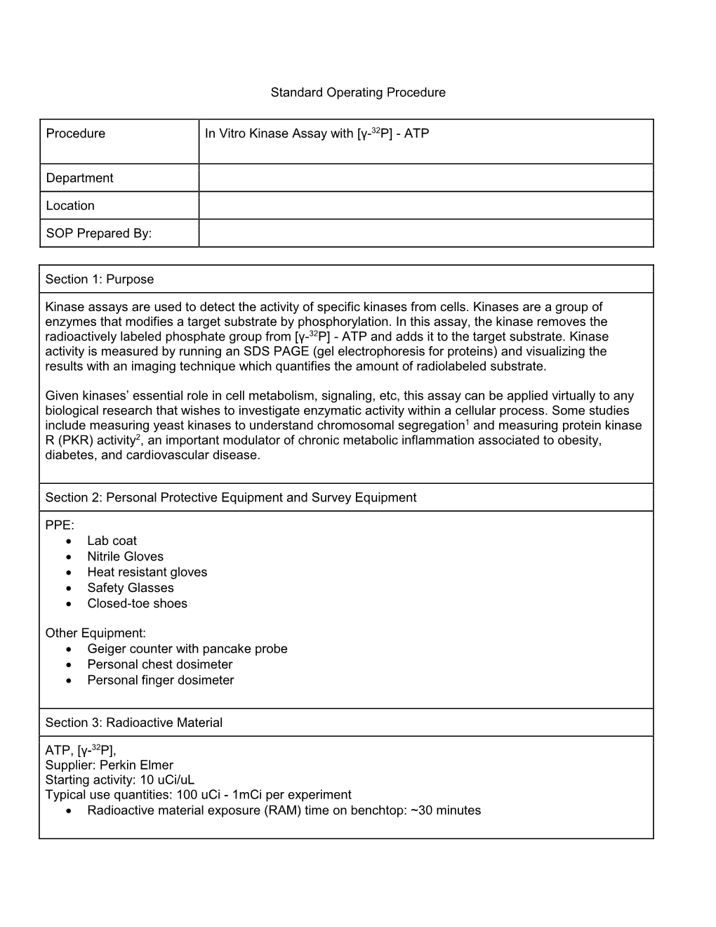 Standard Operating Procedure Procedure in Vitro Kinase Assay