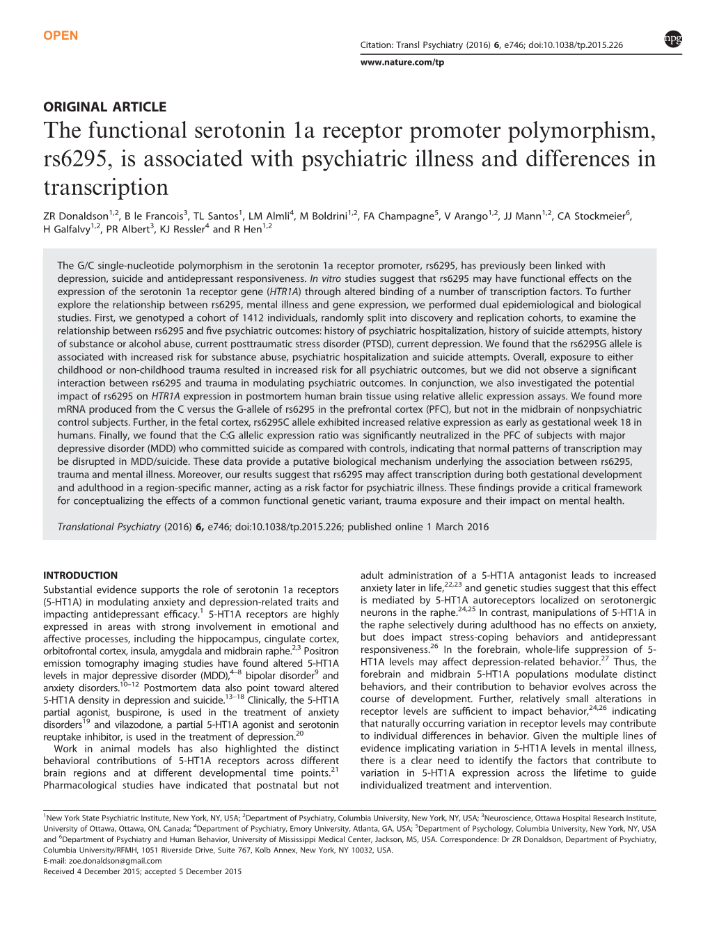 The Functional Serotonin 1A Receptor Promoter Polymorphism, Rs6295, Is Associated with Psychiatric Illness and Differences in Transcription