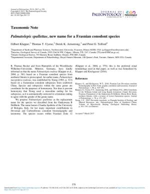 Taxonomic Note Palmatolepis Spallettae, New Name for a Frasnian Conodont Species