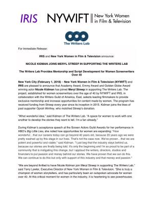 For Immediate Release: IRIS and New York Women in Film & Television