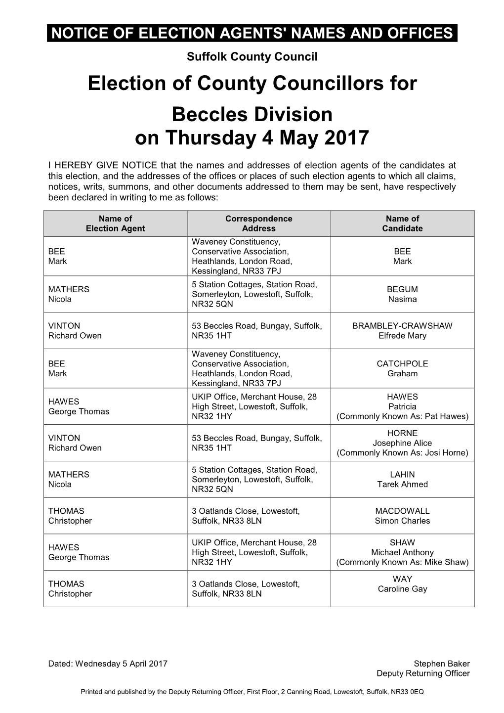 Election of County Councillors for Beccles Division on Thursday 4