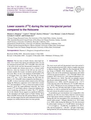 Lower Oceanic Δ13 C During the Last Interglacial Period Compared to The
