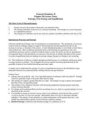 General Chemistry II Chapter 18 Lecture Notes Entropy, Free Energy and Equilibrium