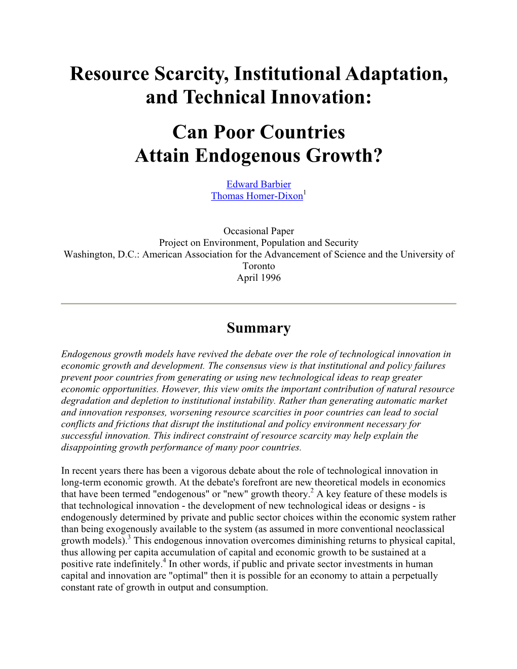 Resource Scarcity, Institutional Adaptation, and Technical Innovation: Can Poor Countries Attain Endogenous Growth?