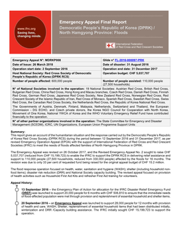 Emergency Appeal Final Report Democratic People’S Republic of Korea (DPRK) / North Hamgyong Province: Floods