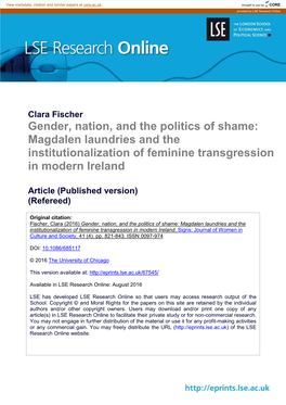 Gender, Nation, and the Politics of Shame: Magdalen Laundries and the Institutionalization of Feminine Transgression in Modern Ireland