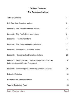 Table of Contents the American Indians