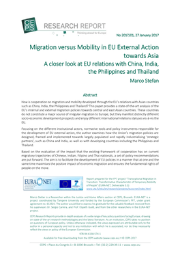 Migration Versus Mobility in EU External Action Towards Asia a Closer Look at EU Relations with China, India, the Philippines and Thailand Marco Stefan