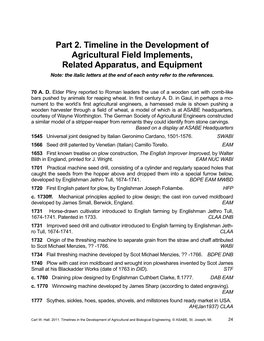 Part 2. Timeline in the Development of Agricultural Field Implements, Related Apparatus, and Equipment