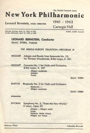 New York Philharmonic 1961 - 1962 Leonard Bernstein, Music Director Carnegie Hall