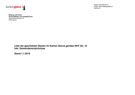 Liste Der Geschützten Bauten Im Kanton Glarus Gemäss NHV Art. 15 Inkl