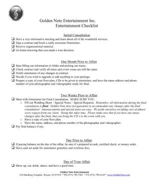 Golden Note Entertainment Inc. Entertainment Checklist