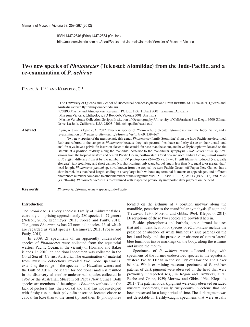 Two New Species of Photonectes (Teleostei: Stomiidae) from the Indo-Pacific, and a Re-Examination of P. Achirus