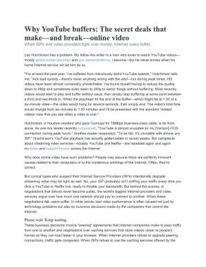 Why Youtube Buffers: the Secret Deals That Make—And Break—Online Video When Isps and Video Providers Fight Over Money, Internet Users Suffer