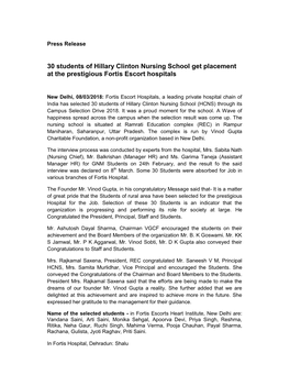 30 Students of Hillary Clinton Nursing School Get Placement at the Prestigious Fortis Escort Hospitals