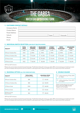 The Gabba Match Day Vip Booking Form