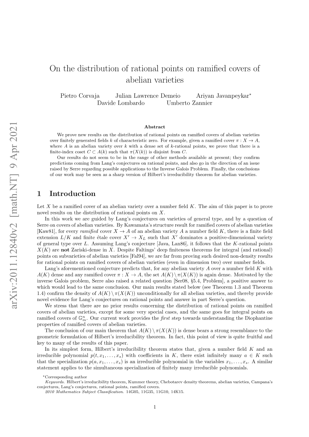 Arxiv:2011.12840V2 [Math.NT] 9 Apr 2021