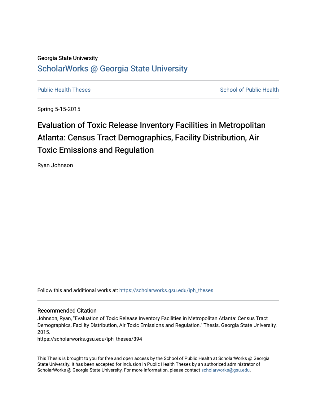 Evaluation of Toxic Release Inventory Facilities in Metropolitan Atlanta: Census Tract Demographics, Facility Distribution, Air Toxic Emissions and Regulation