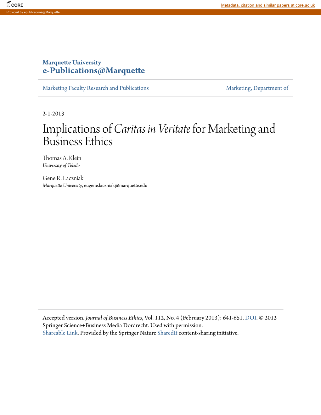 Caritas in Veritate&lt;/Em&gt; for Marketing and Business Ethics