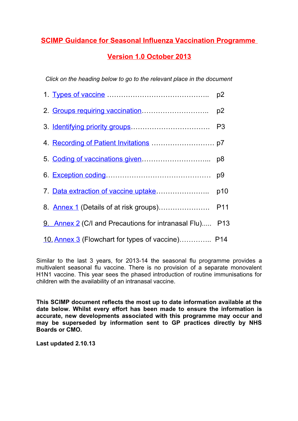 SCIMP Guidance for Seasonal Influenza Vaccination Programme