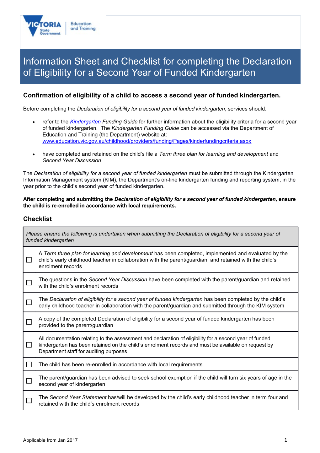 Information Sheet and Checklist for Completing the Declaration of Eligibility for a Second