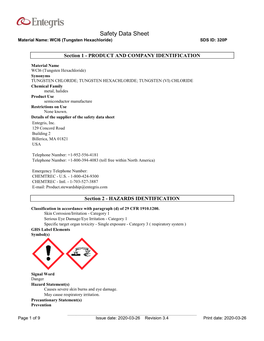 Safety Data Sheet Material Name: Wcl6 (Tungsten Hexachloride) SDS ID: 320P