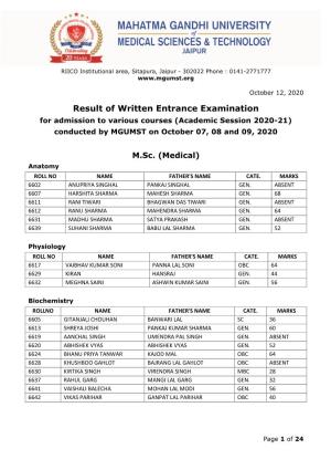 Result of Written Entrance Examination for Admission to Various Courses (Academic Session 2020-21) Conducted by MGUMST on October 07, 08 and 09, 2020
