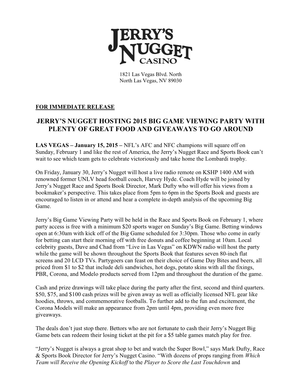 Jerry's Nugget Hosting 2015 Big Game Viewing Party With
