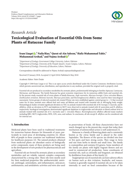 Research Article Toxicological Evaluation of Essential Oils from Some Plants of Rutaceae Family