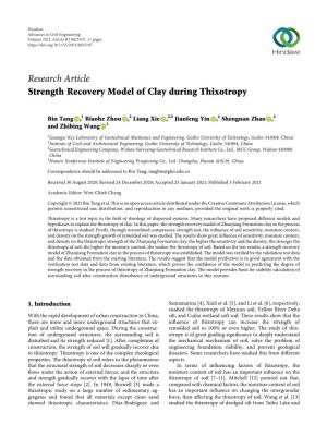Research Article Strength Recovery Model of Clay During Thixotropy