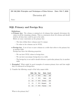 Discussion #3 SQL Primary and Foreign