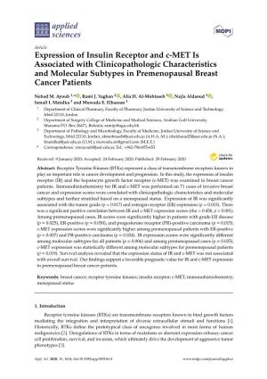 Expression of Insulin Receptor and C-MET Is Associated with Clinicopathologic Characteristics and Molecular Subtypes in Premenopausal Breast Cancer Patients