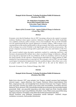 Dampak Krisis Ekonomi, Terhadap Perubahan Politik Di Indonesia (Peristiwa Mei 1998) Dr Abdul Haris Fatgehipon Msi Dosen PIPS