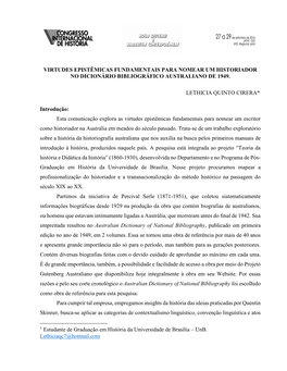 Virtudes Epistêmicas Fundamentais Para Nomear Um Historiador No Dicionário Bibliográfico Australiano De 1949