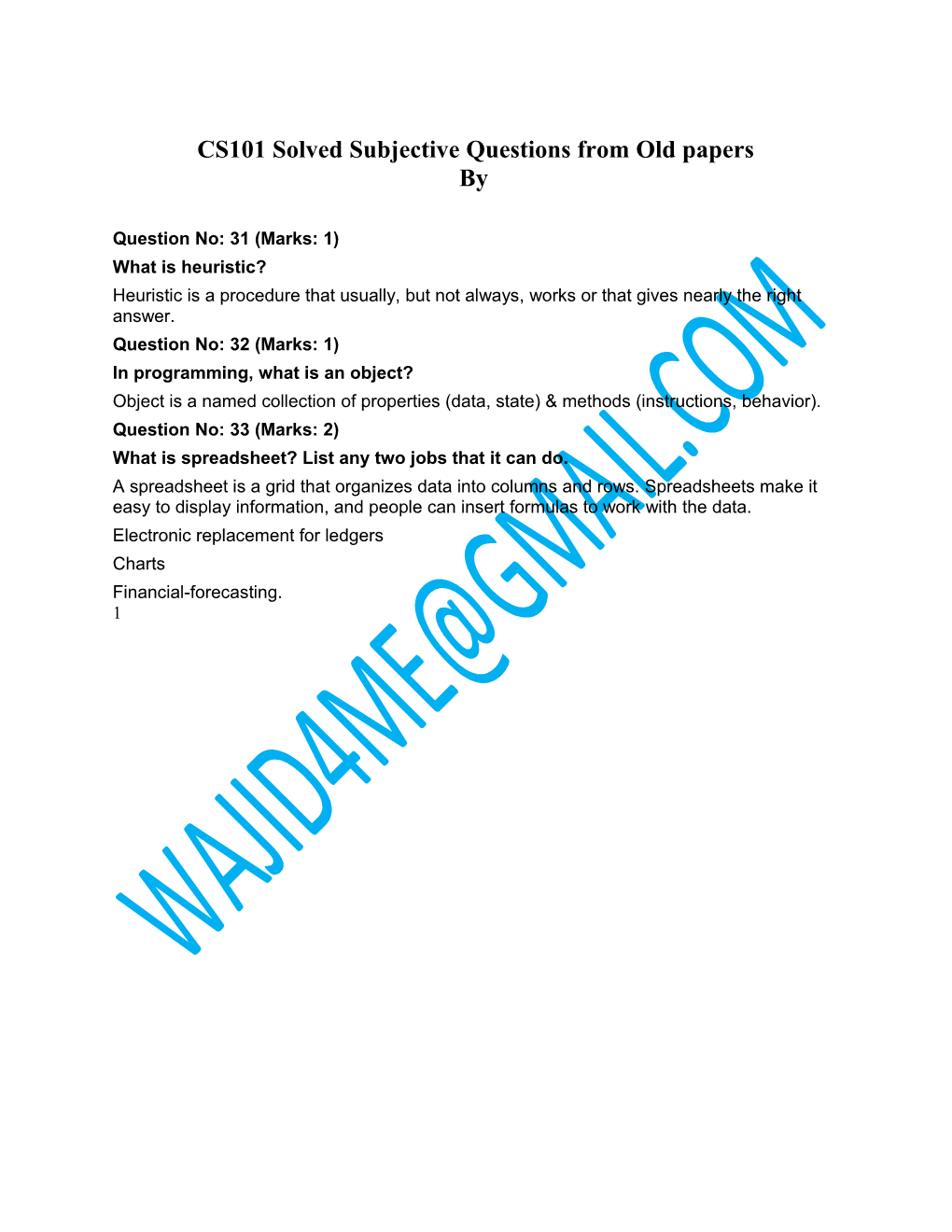 CS101 Solved Subjective Questions from Old Papers